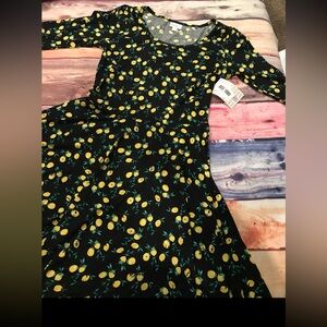 LuLaRoe Black Midi Dress with Yellow Lemon Print